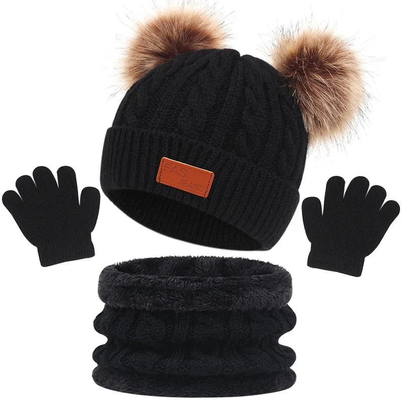 Baby Winter Hat Scarf Gloves Set Knitted Fur Ball Kids