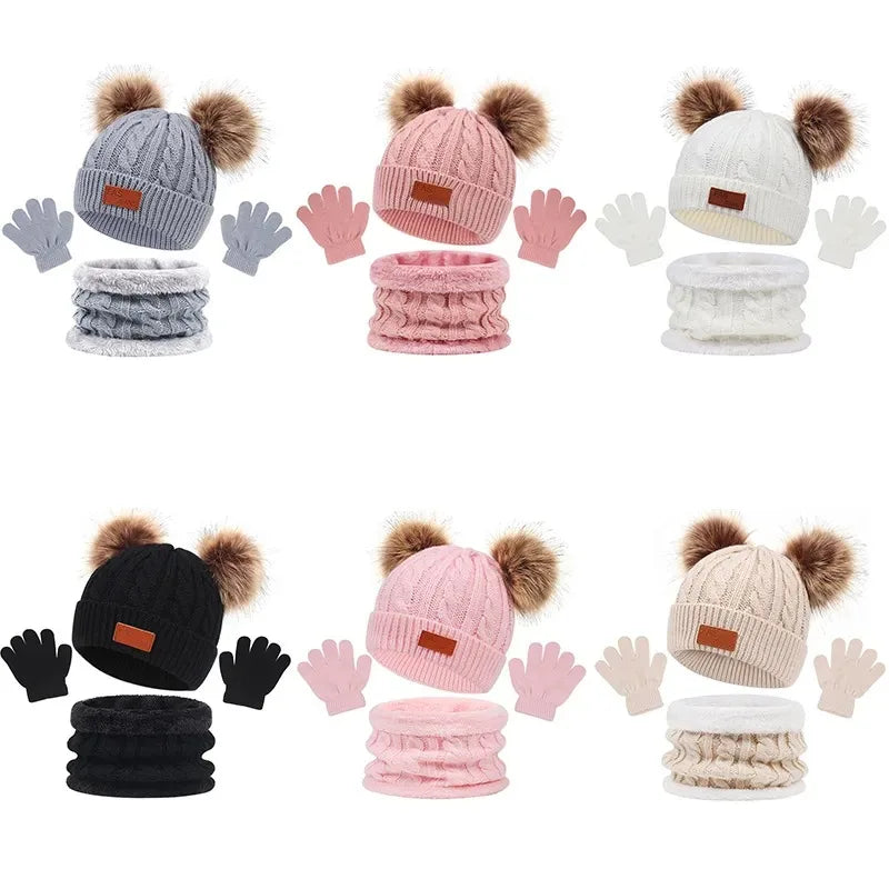 Baby Winter Hat Scarf Gloves Set Knitted Fur Ball Kids