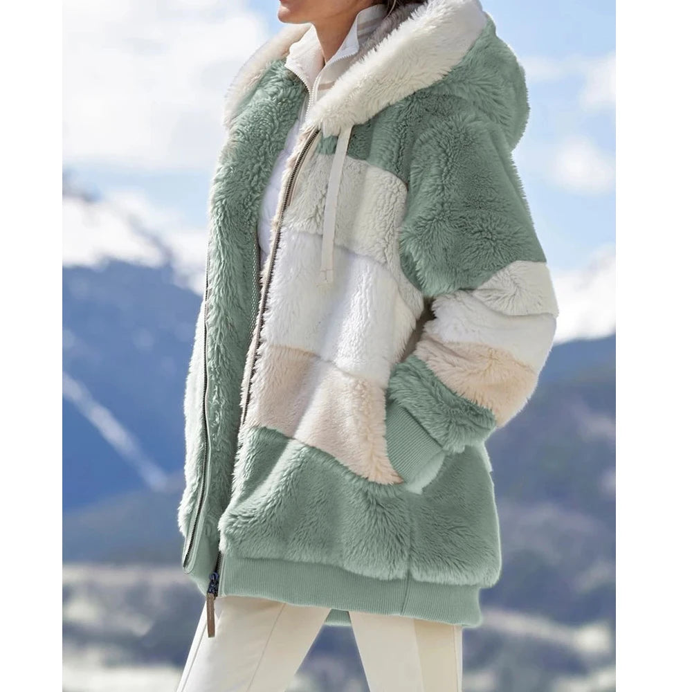 Winter Fashion Thick Cashmere Women's Hooded Zipper Coat