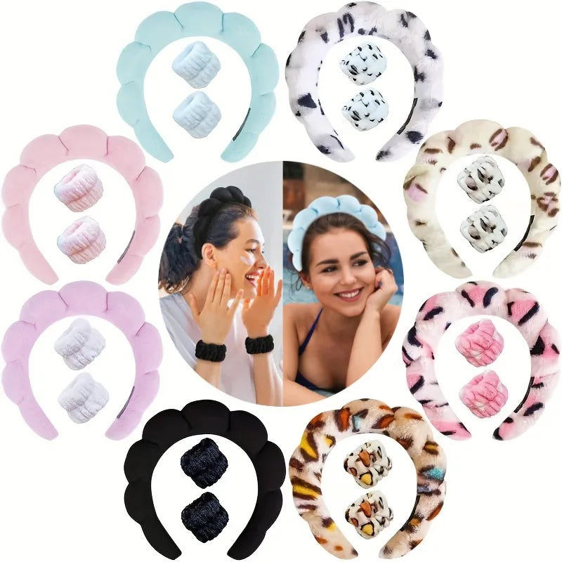 Sponge Spa Headband with Wristbands for Washing Face, Skin Care Makeup Removal Shower for Women and Girls