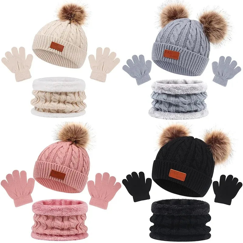 Baby Winter Hat Scarf Gloves Set Knitted Fur Ball Kids