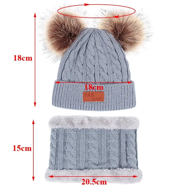 Baby Winter Hat Scarf Gloves Set Knitted Fur Ball Kids