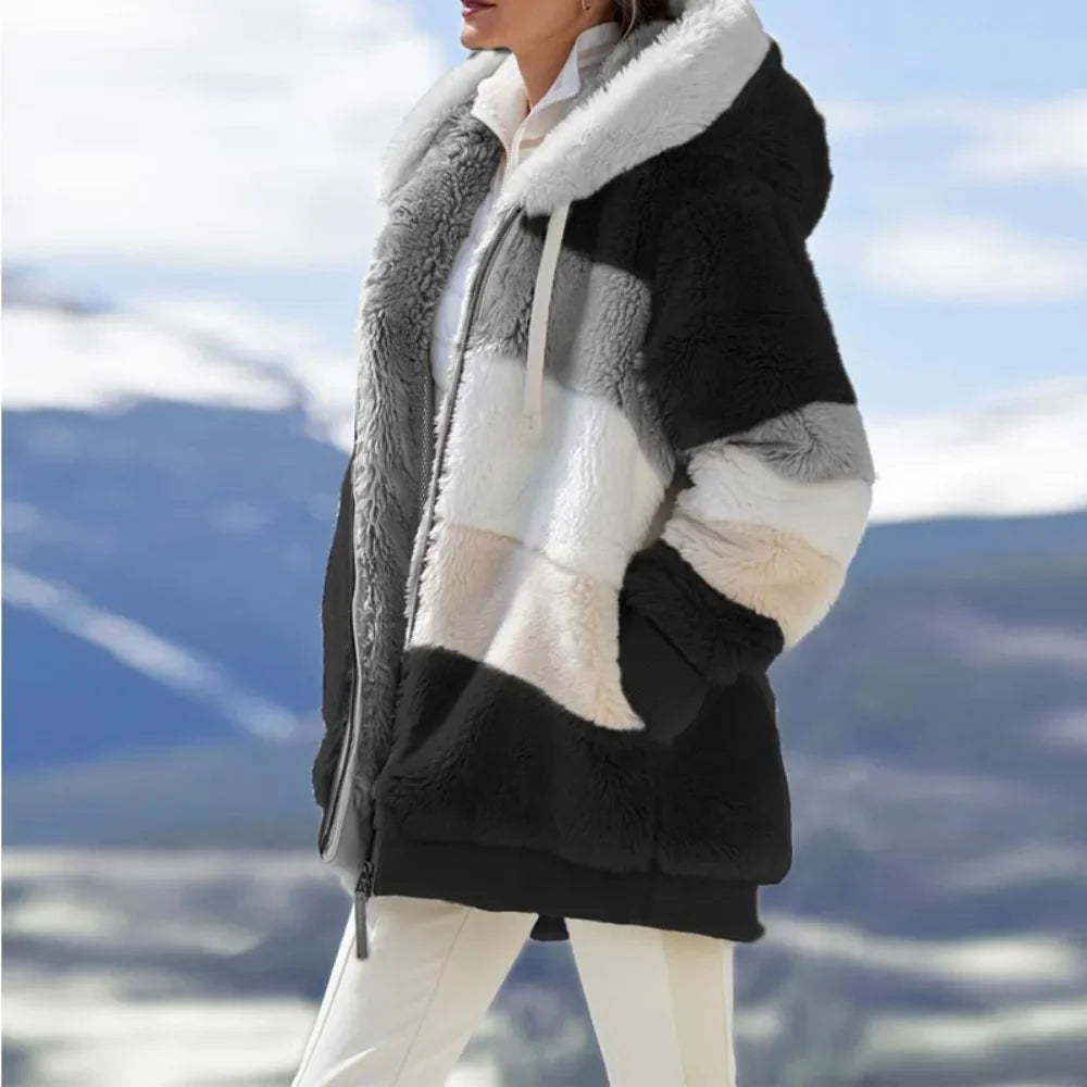 Winter Fashion Thick Cashmere Women's Hooded Zipper Coat