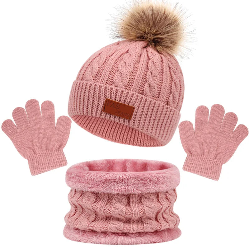Baby Winter Hat Scarf Gloves Set Knitted Fur Ball Kids