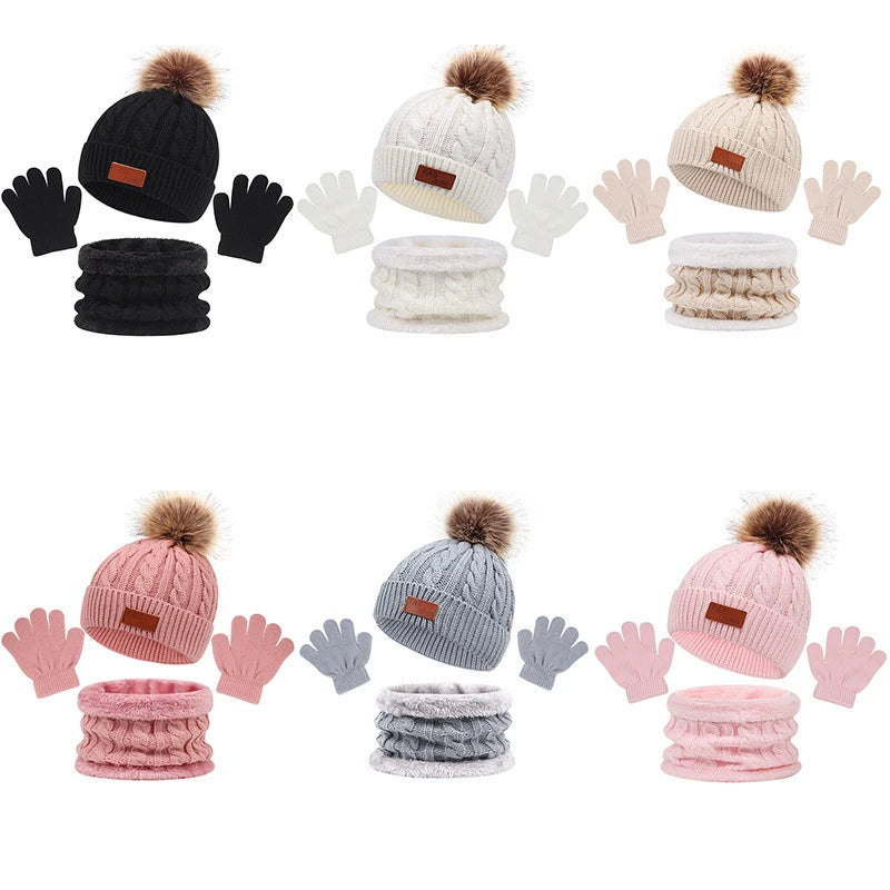 Baby Winter Hat Scarf Gloves Set Knitted Fur Ball Kids