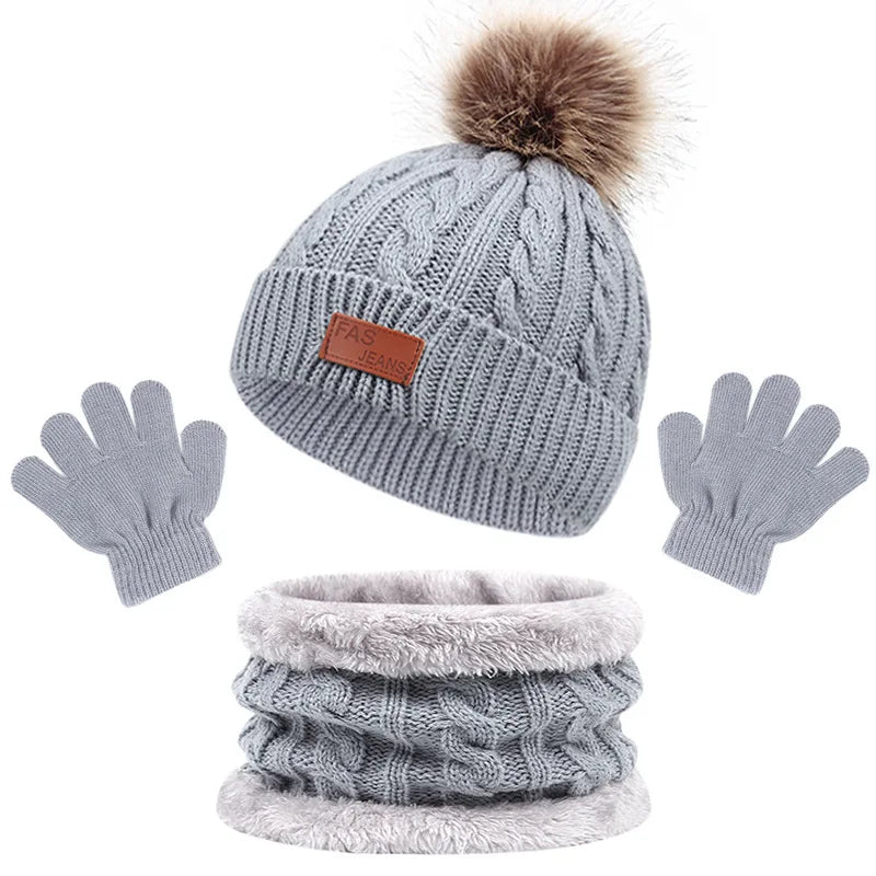 Baby Winter Hat Scarf Gloves Set Knitted Fur Ball Kids