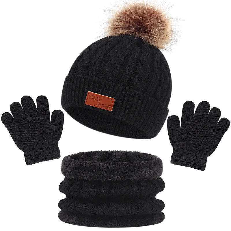 Baby Winter Hat Scarf Gloves Set Knitted Fur Ball Kids