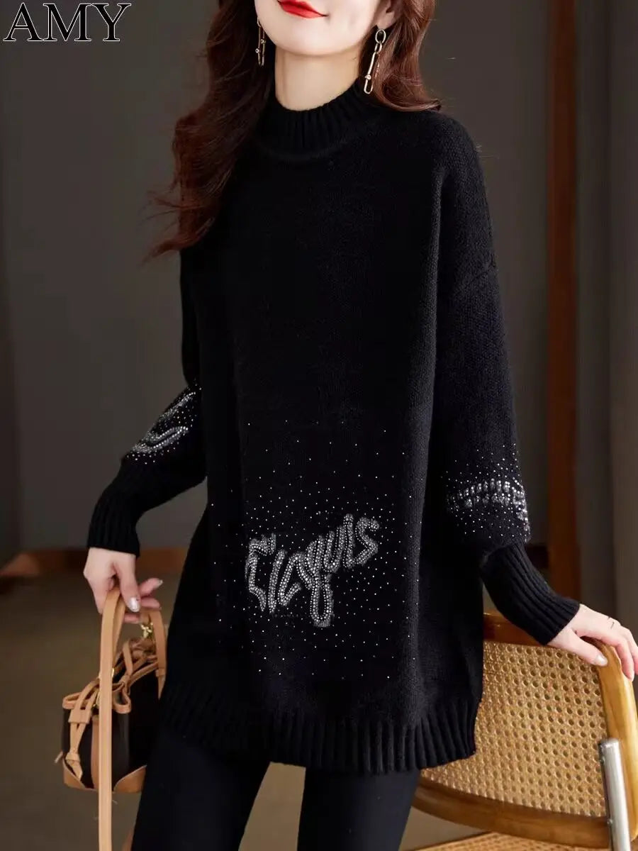 2024 Winter New High Grade Hot Diamond Black Base Sweater for Women
