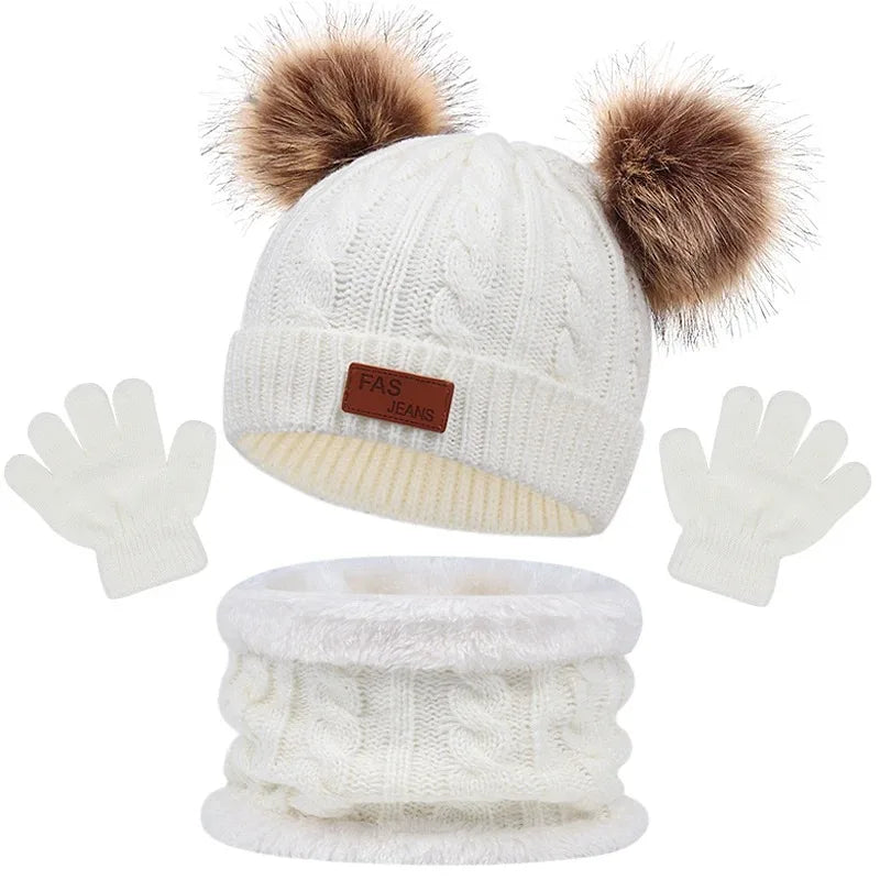 Baby Winter Hat Scarf Gloves Set Knitted Fur Ball Kids