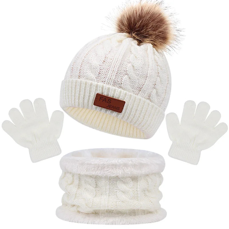 Baby Winter Hat Scarf Gloves Set Knitted Fur Ball Kids