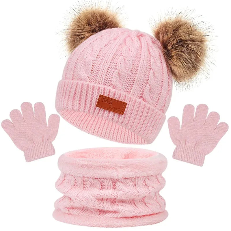 Baby Winter Hat Scarf Gloves Set Knitted Fur Ball Kids