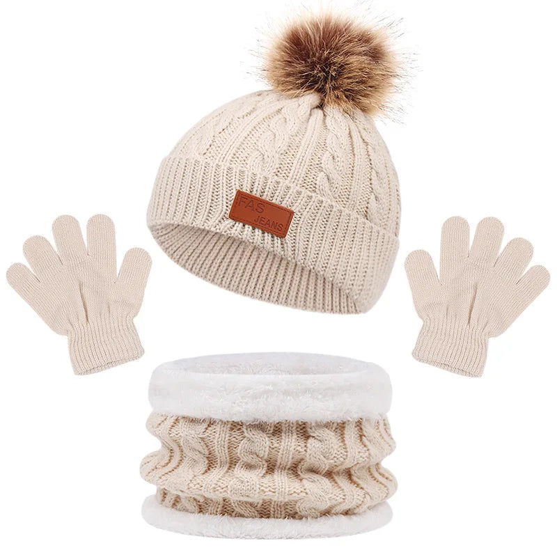 Baby Winter Hat Scarf Gloves Set Knitted Fur Ball Kids