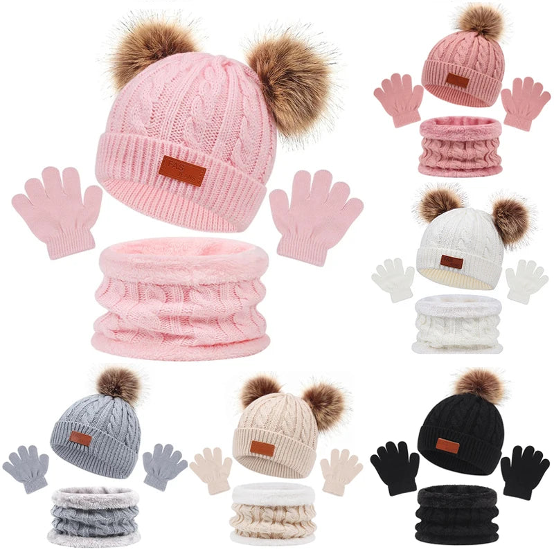 Baby Winter Hat Scarf Gloves Set Knitted Fur Ball Kids