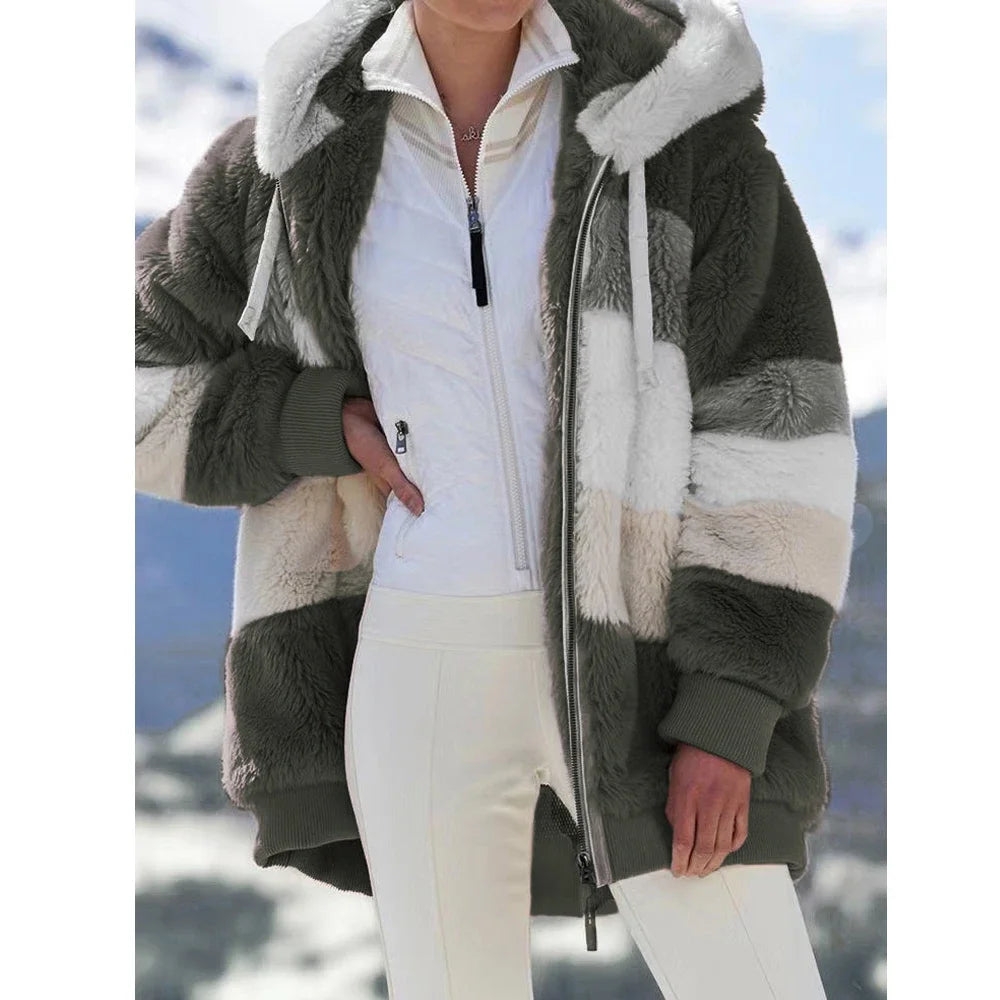 Winter Fashion Thick Cashmere Women's Hooded Zipper Coat