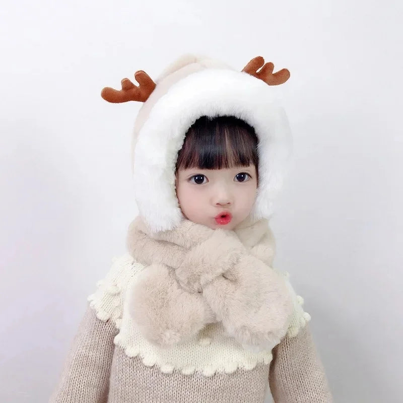 Warm Cartoon Kids Winter Hat with Deer Antlers Integrated Scarf And Gloves Set for Girls And Boys Baby Protection Ear Cap