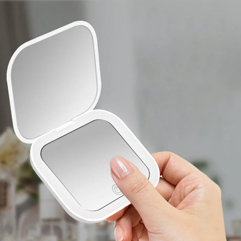 Hot Selling: Compact Small Mini Gift Vanity Table Folding Led Lights Portable Hand Held Pocket Makeup Mirror 2X magnifying