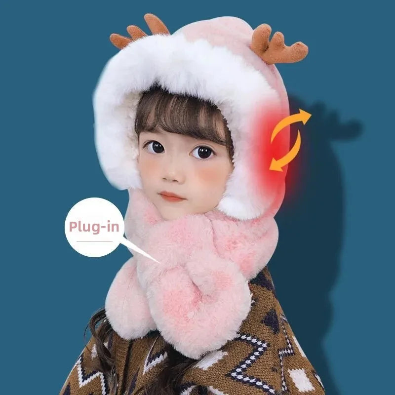Warm Cartoon Kids Winter Hat with Deer Antlers Integrated Scarf And Gloves Set for Girls And Boys Baby Protection Ear Cap