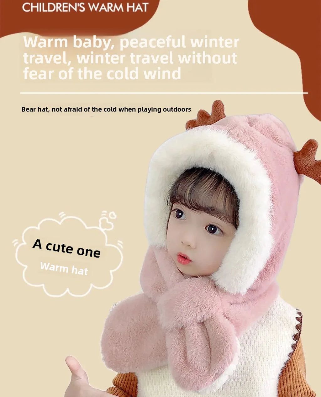 Warm Cartoon Kids Winter Hat with Deer Antlers Integrated Scarf And Gloves Set for Girls And Boys Baby Protection Ear Cap