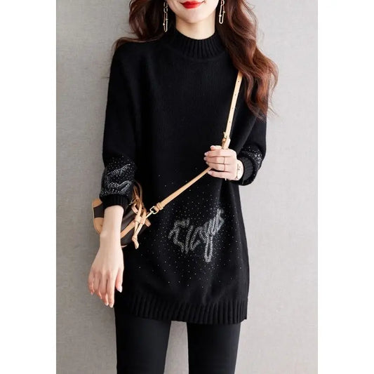 2024 Winter New High Grade Hot Diamond Black Base Sweater for Women