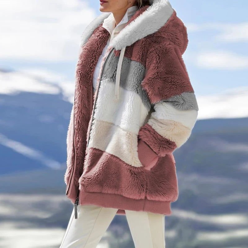 Winter Fashion Thick Cashmere Women's Hooded Zipper Coat