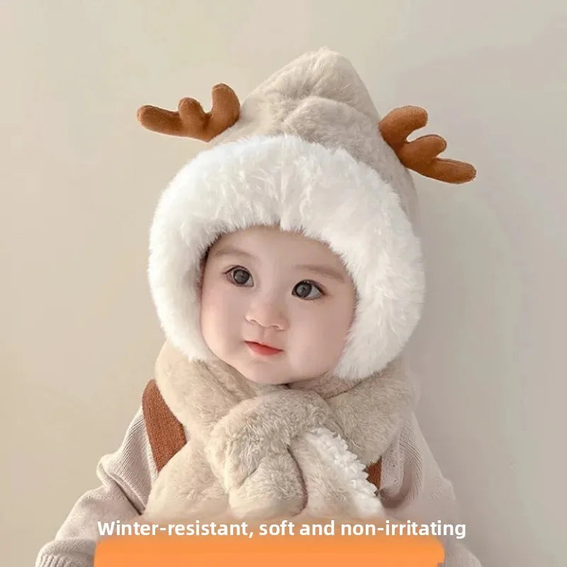 Warm Cartoon Kids Winter Hat with Deer Antlers Integrated Scarf And Gloves Set for Girls And Boys Baby Protection Ear Cap