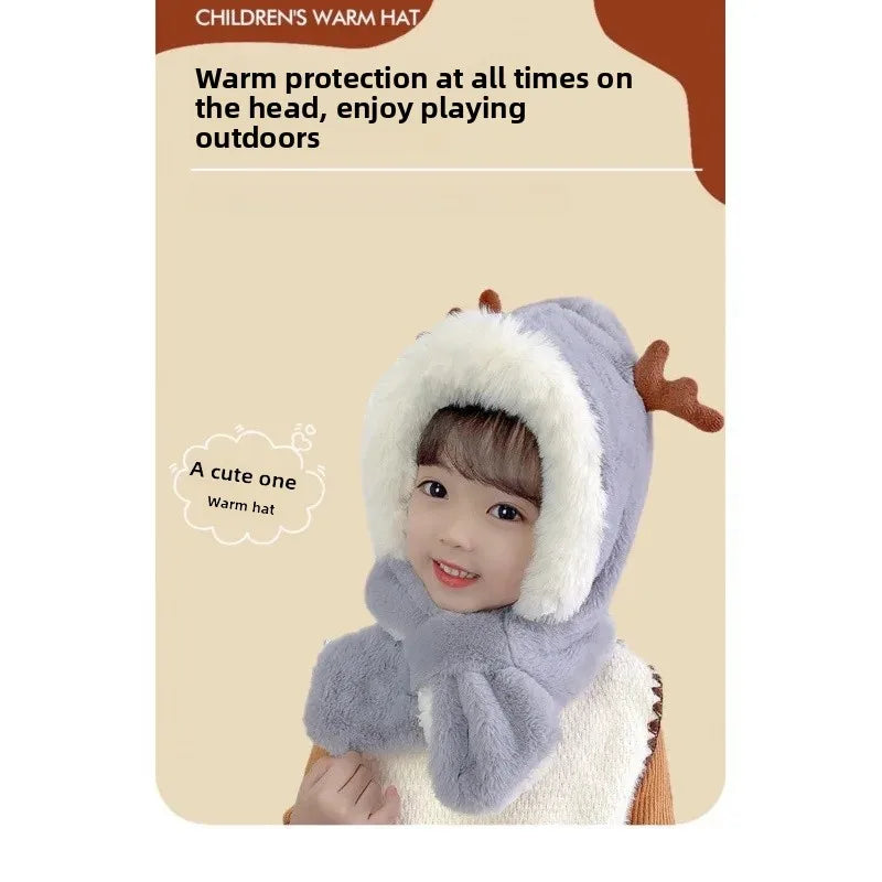 Warm Cartoon Kids Winter Hat with Deer Antlers Integrated Scarf And Gloves Set for Girls And Boys Baby Protection Ear Cap