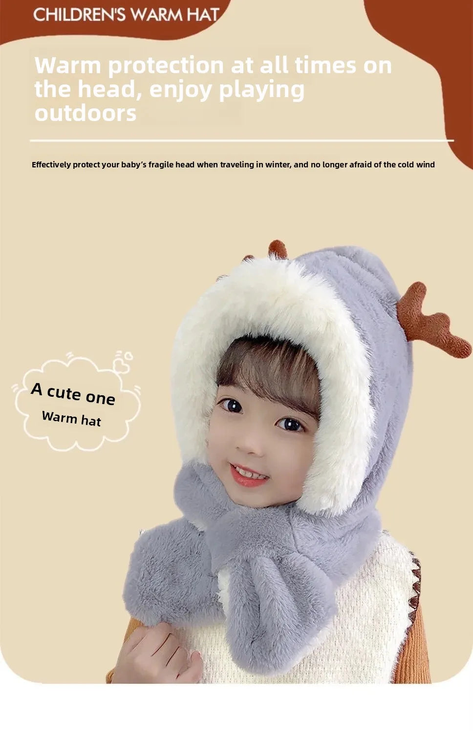 Warm Cartoon Kids Winter Hat with Deer Antlers Integrated Scarf And Gloves Set for Girls And Boys Baby Protection Ear Cap