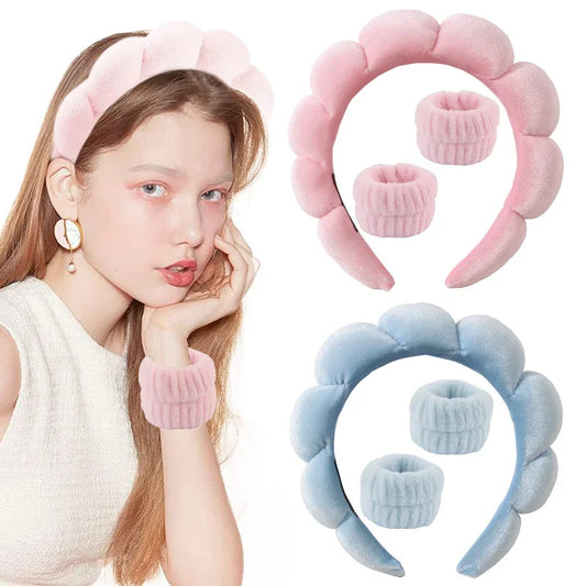 Sponge Spa Headband with Wristbands for Washing Face, Skin Care Makeup Removal Shower for Women and Girls