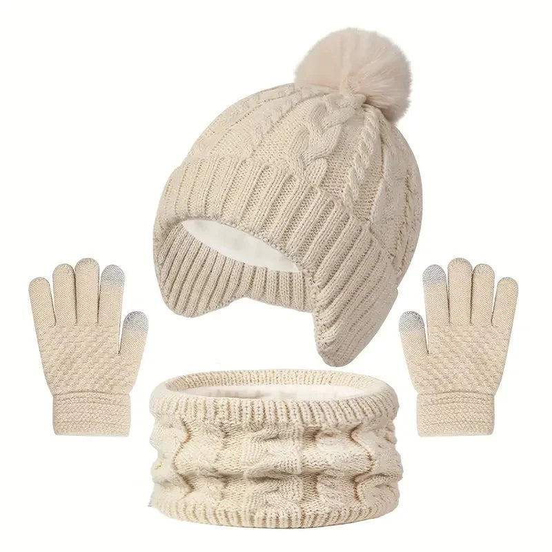 Set of 3 Pieces of Children's Winter Hats, Scarves, and Gloves for Boys and Girls Aged 3-8