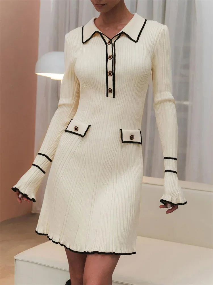 TARUXY Knitted Autumn Winter Ruffled Rib High Waist Elegant Dresses Womens