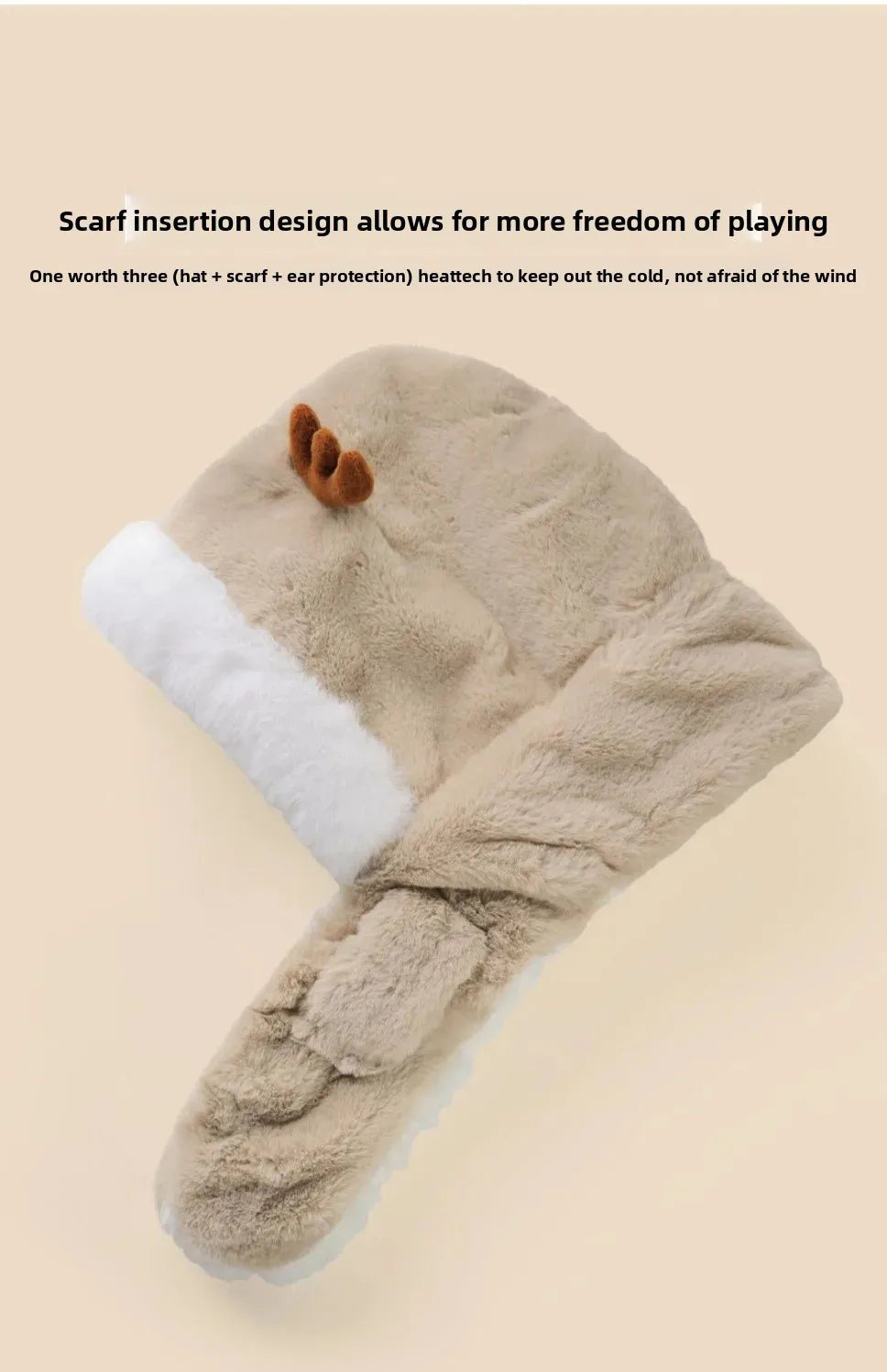 Warm Cartoon Kids Winter Hat with Deer Antlers Integrated Scarf And Gloves Set for Girls And Boys Baby Protection Ear Cap