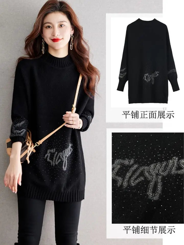 2024 Winter New High Grade Hot Diamond Black Base Sweater for Women