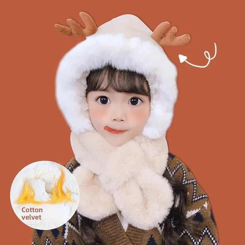 Warm Cartoon Kids Winter Hat with Deer Antlers Integrated Scarf And Gloves Set for Girls And Boys Baby Protection Ear Cap