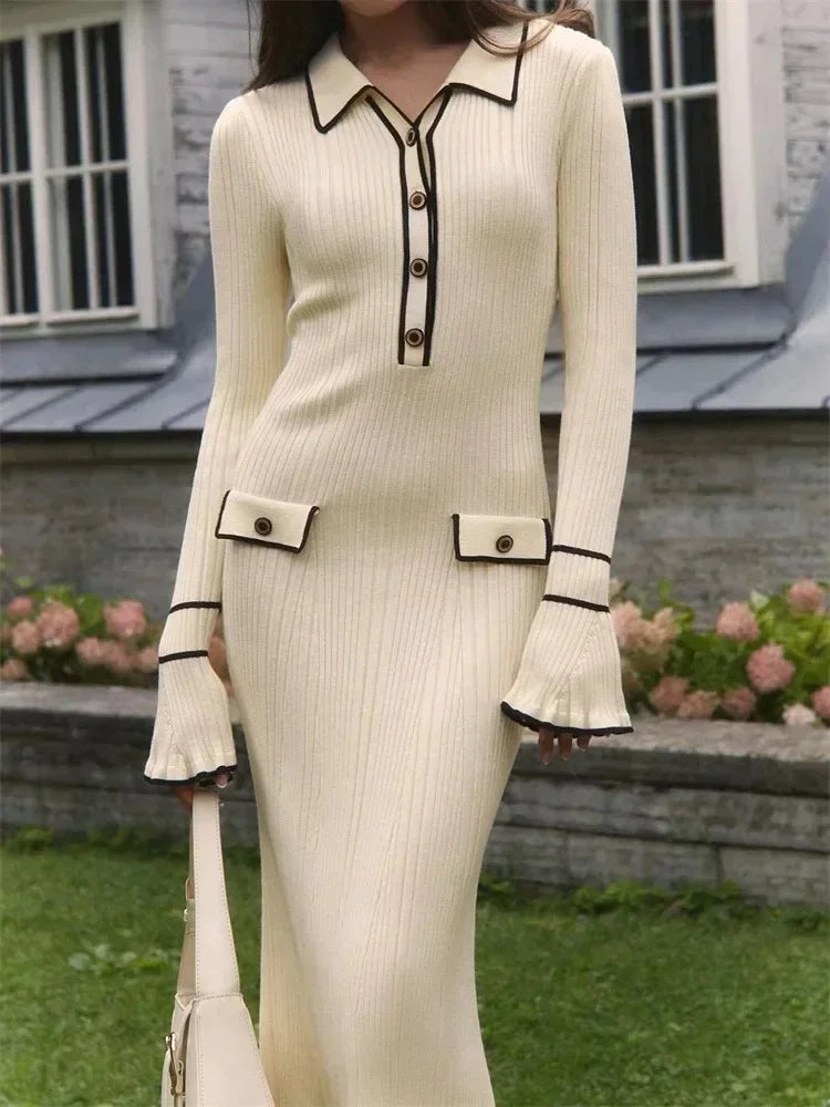 TARUXY Knitted Autumn Winter Ruffled Rib High Waist Elegant Dresses Womens