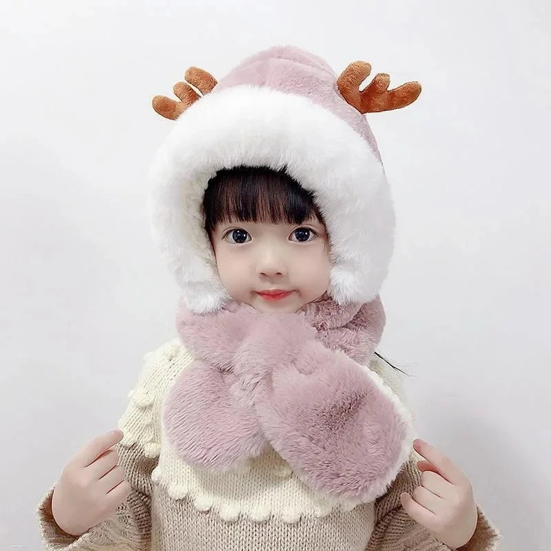 Warm Cartoon Kids Winter Hat with Deer Antlers Integrated Scarf And Gloves Set for Girls And Boys Baby Protection Ear Cap