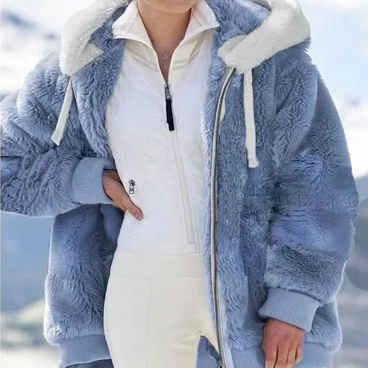 Winter Fashion Thick Cashmere Women's Hooded Zipper Coat