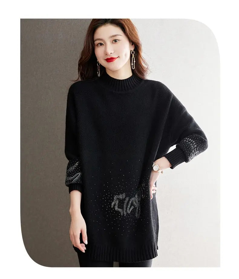 2024 Winter New High Grade Hot Diamond Black Base Sweater for Women