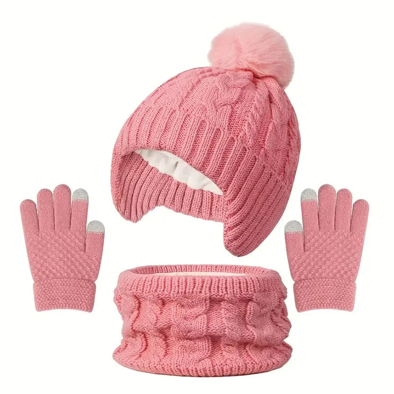 Set of 3 Pieces of Children's Winter Hats, Scarves, and Gloves for Boys and Girls Aged 3-8