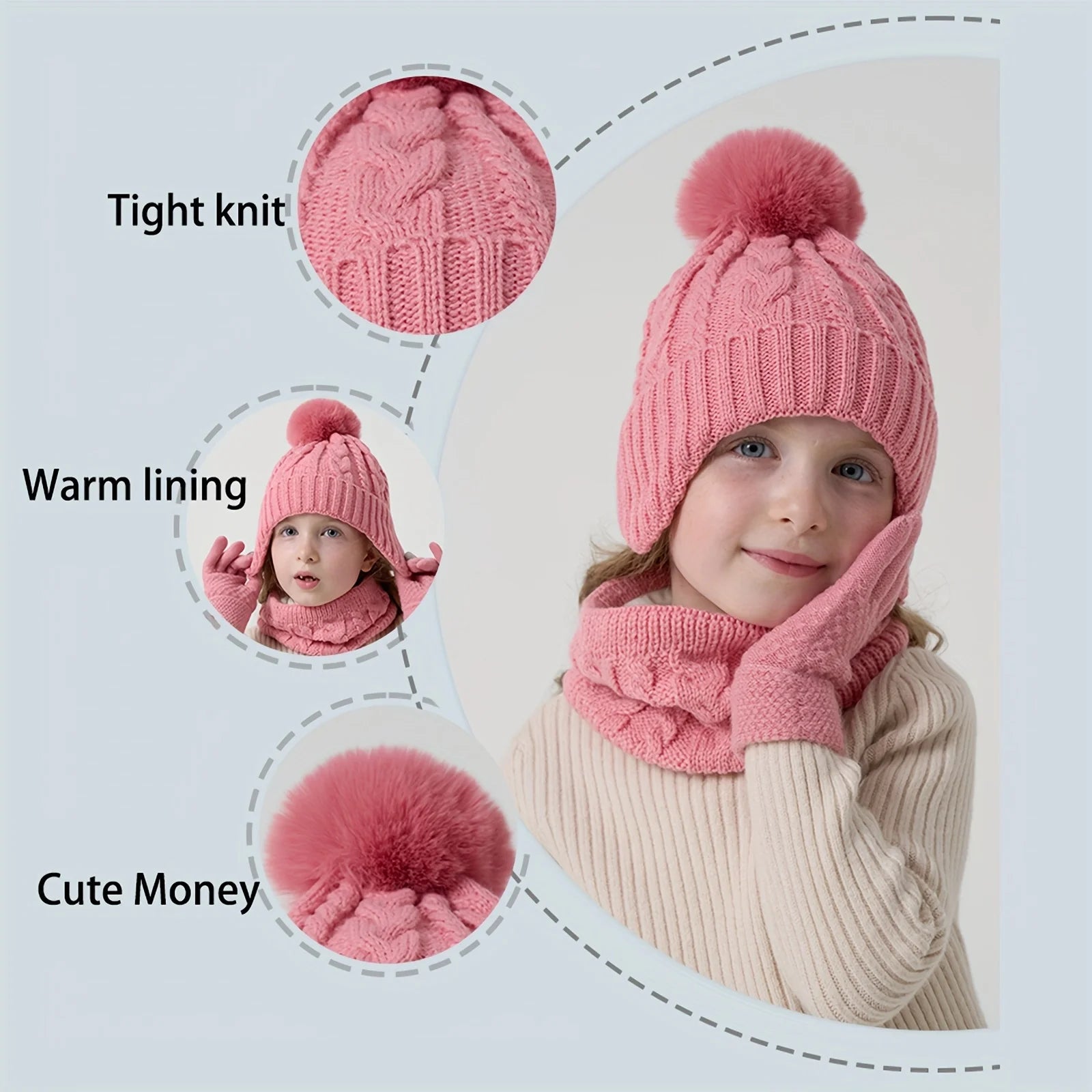 Set of 3 Pieces of Children's Winter Hats, Scarves, and Gloves for Boys and Girls Aged 3-8