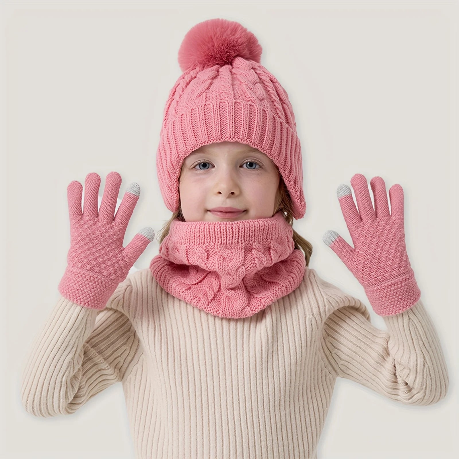 Set of 3 Pieces of Children's Winter Hats, Scarves, and Gloves for Boys and Girls Aged 3-8