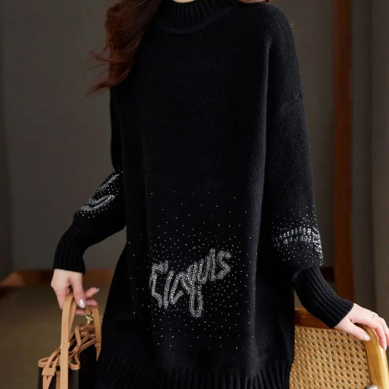 2024 Winter New High Grade Hot Diamond Black Base Sweater for Women