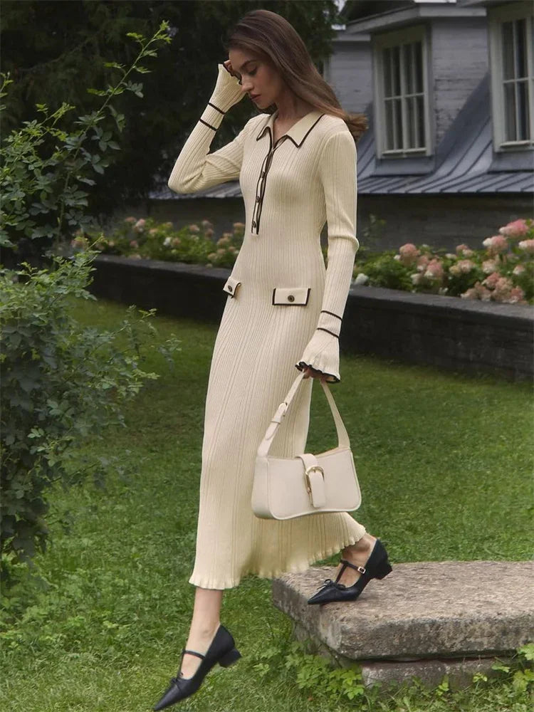 TARUXY Knitted Autumn Winter Ruffled Rib High Waist Elegant Dresses Womens