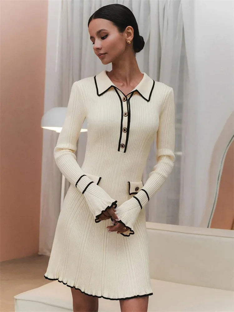 TARUXY Knitted Autumn Winter Ruffled Rib High Waist Elegant Dresses Womens