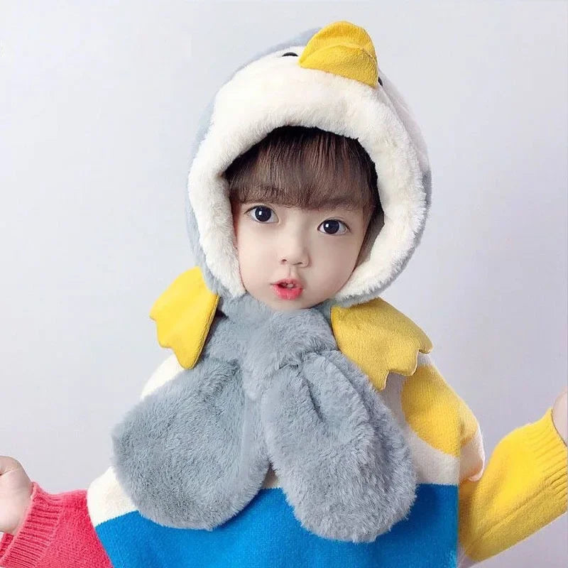 Warm Cartoon Kids Winter Hat with Deer Antlers Integrated Scarf And Gloves Set for Girls And Boys Baby Protection Ear Cap