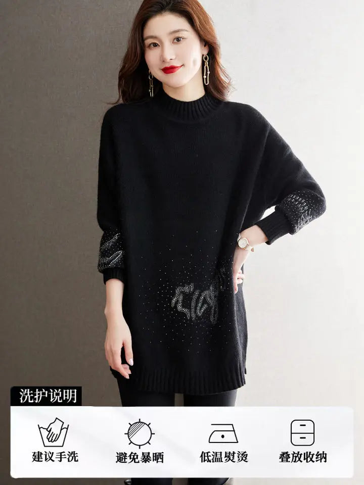 2024 Winter New High Grade Hot Diamond Black Base Sweater for Women