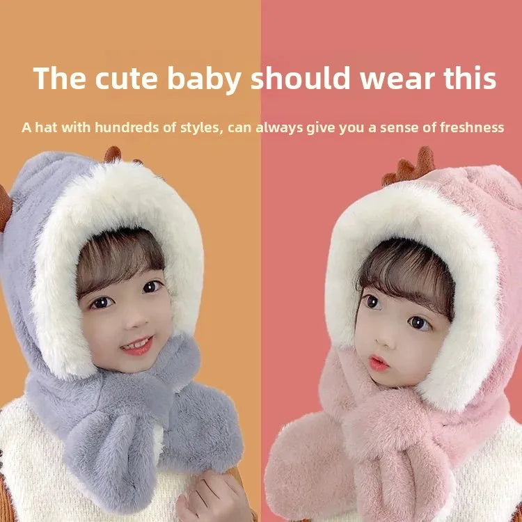 Warm Cartoon Kids Winter Hat with Deer Antlers Integrated Scarf And Gloves Set for Girls And Boys Baby Protection Ear Cap