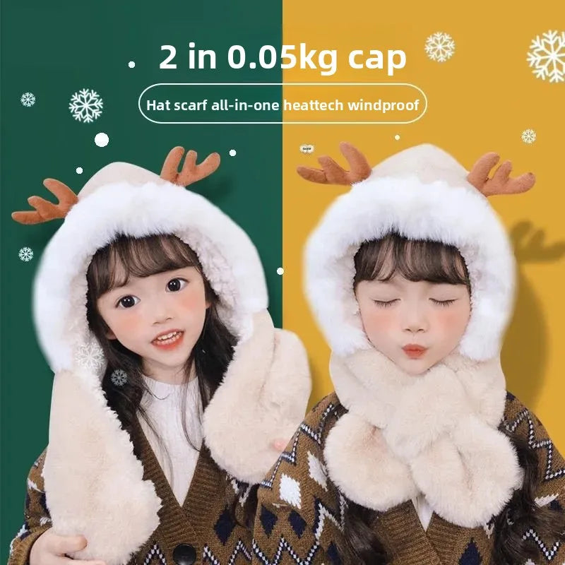 Warm Cartoon Kids Winter Hat with Deer Antlers Integrated Scarf And Gloves Set for Girls And Boys Baby Protection Ear Cap
