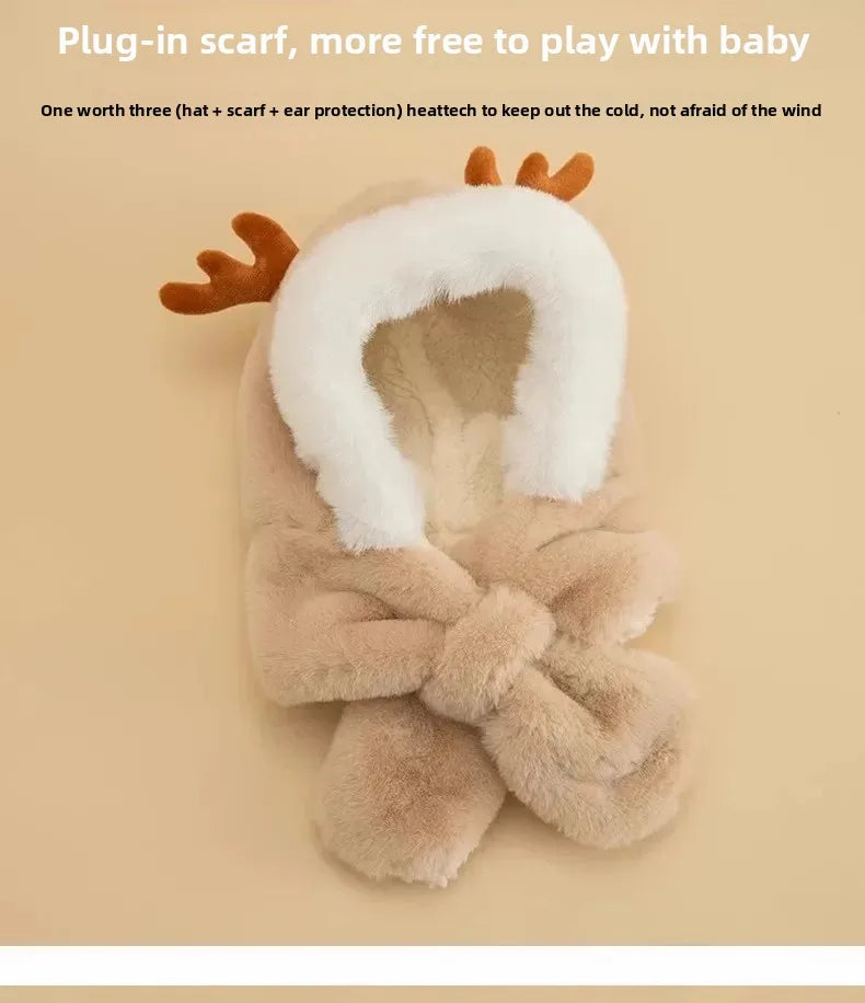 Warm Cartoon Kids Winter Hat with Deer Antlers Integrated Scarf And Gloves Set for Girls And Boys Baby Protection Ear Cap