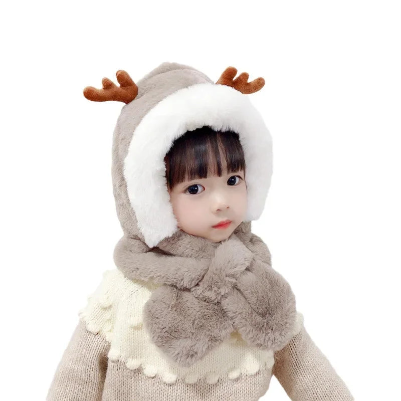 Warm Cartoon Kids Winter Hat with Deer Antlers Integrated Scarf And Gloves Set for Girls And Boys Baby Protection Ear Cap