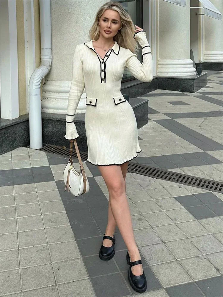 TARUXY Knitted Autumn Winter Ruffled Rib High Waist Elegant Dresses Womens